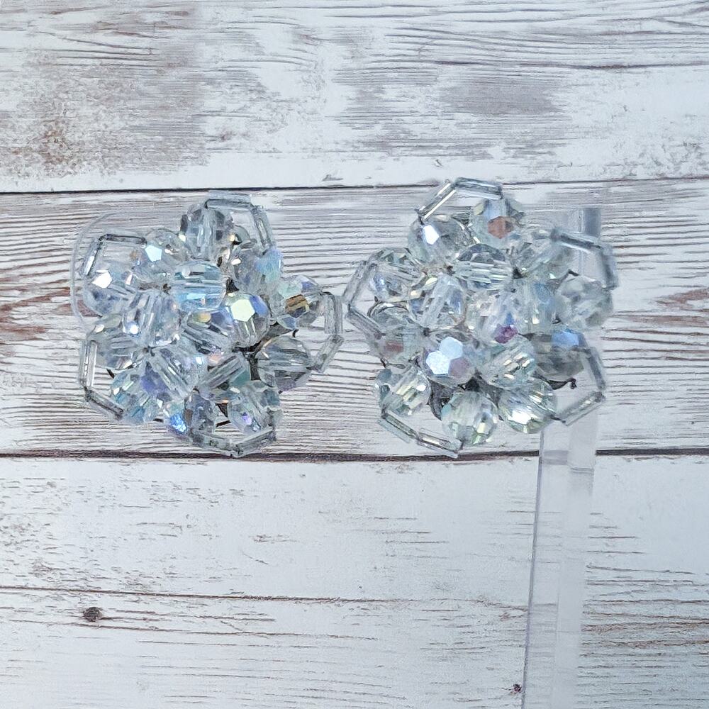 Vintage Clip On Earrings Flower Like Iridescent Cluster